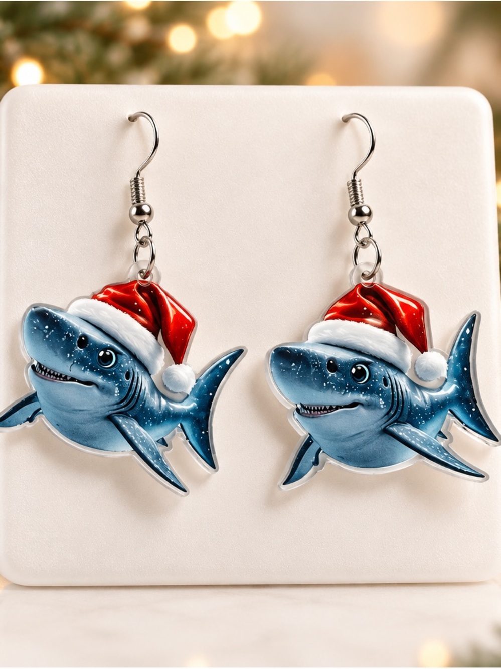 Fashion Jewelry Blue Shark Earrings with Red Santa Hats